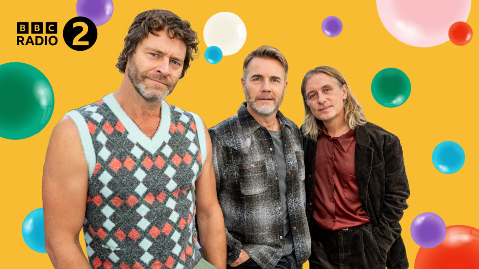 Take That band members on a spotty yellow background