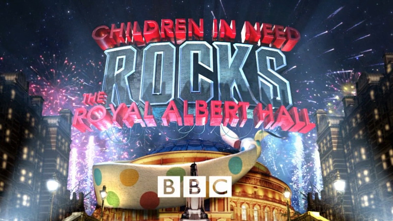 Logo for BBC Children in Need Rocks the Royal Albert Hall. Pudsey's bandage is on the Royal Albert Hall below.