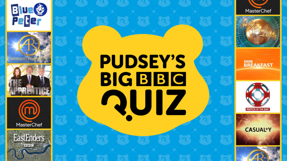 Pudsey's Big BBC Quiz logo with other BBC show logos around it
