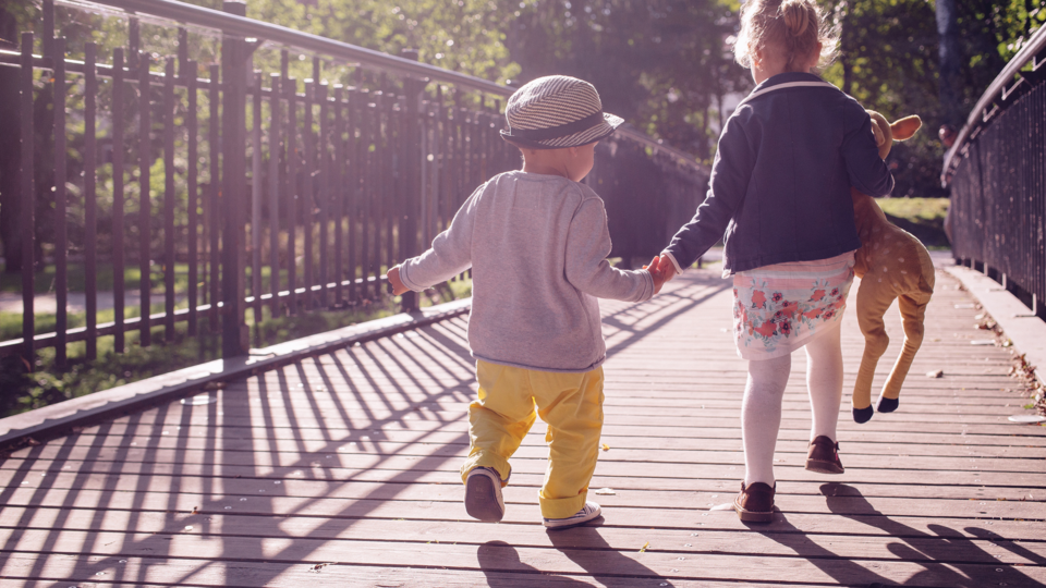 Two small children walking away, over a wooden bridge.
