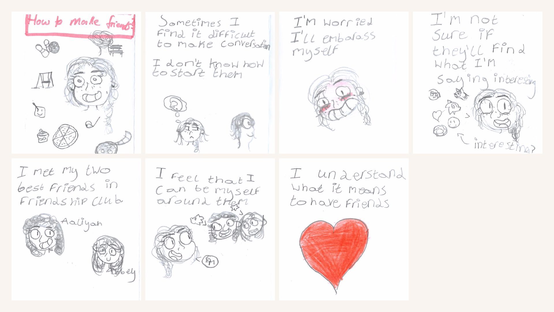 A child's cartoon strip describing how to make friends by finding common interests and being yourself.