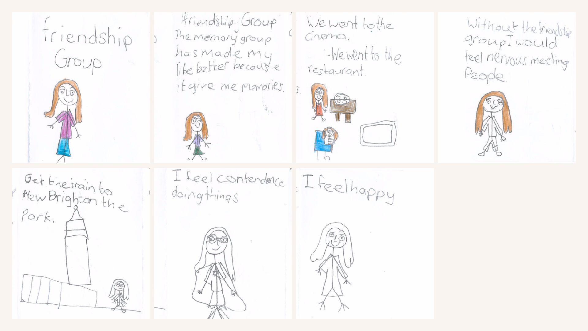 A child's cartoon strip explaining friendship groups and how it makes them feel happy making memories with other people