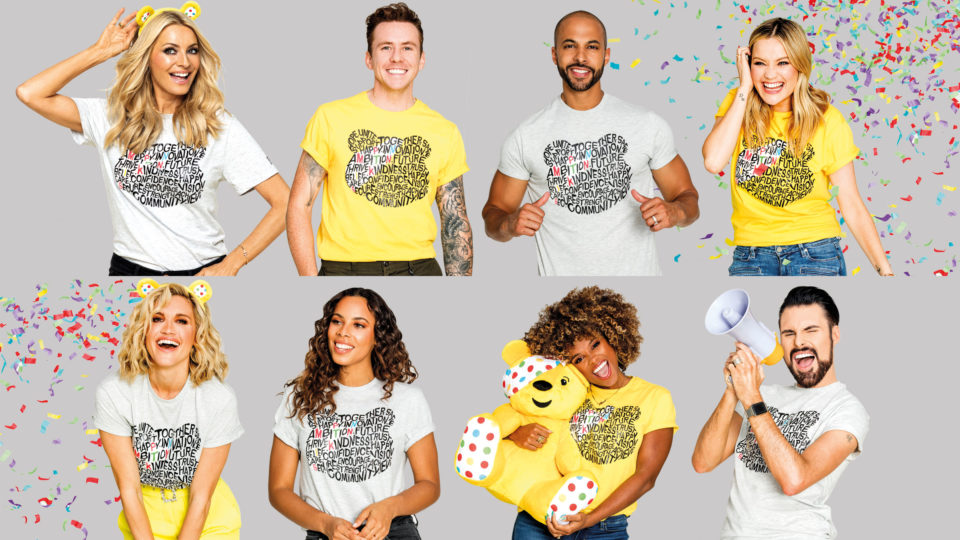 Various celebrities in Children in Need t-shirts with Pudsey and confetti