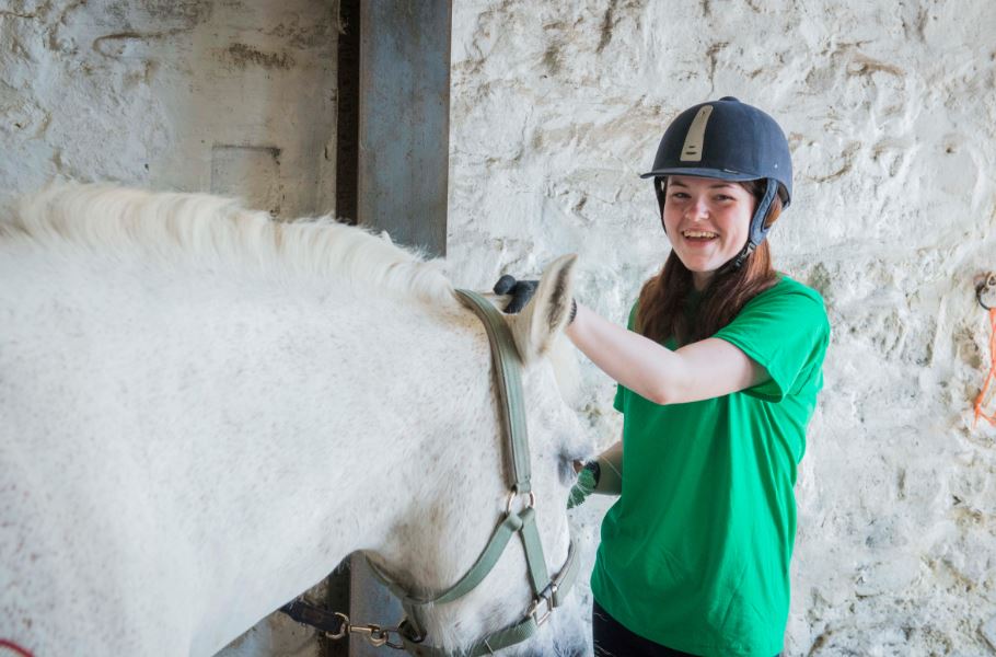 A girl grooms a white horse in a stable