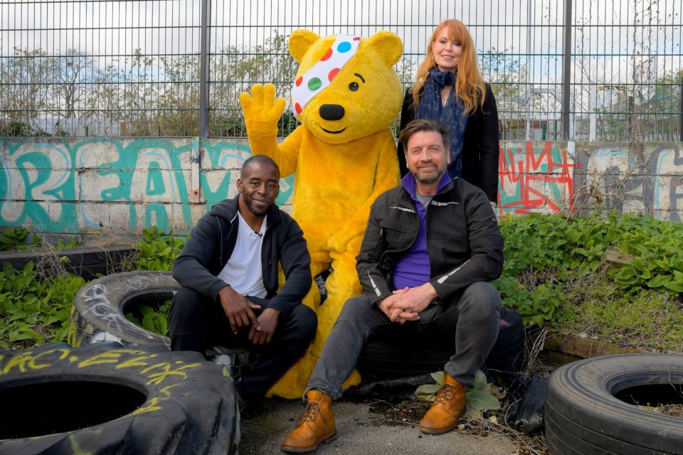 Trevor Rose, Pudsey, Nick Knowles and Gaby Blackman at the CRS for the launch of DIY SOS Big Build Special for Children in Need