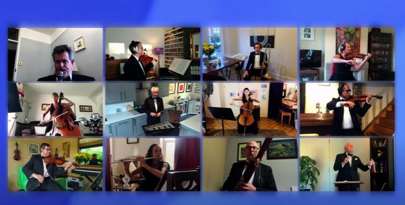 The orchestra perform over video chat