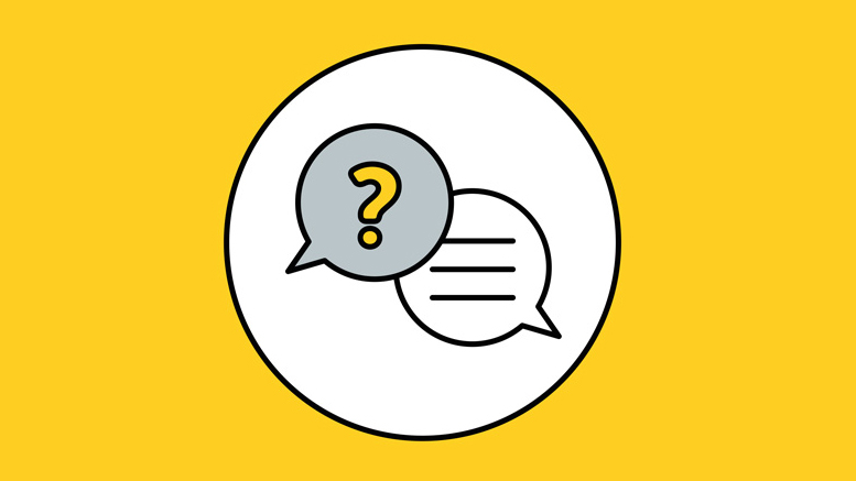 An illustration of speech bubbles asking questions and talking