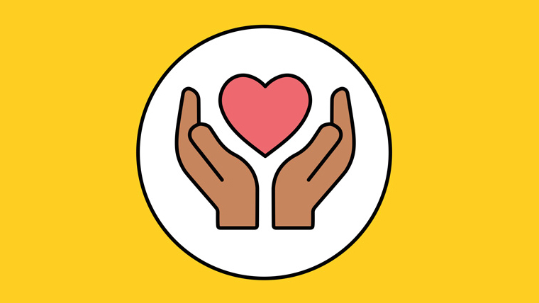 An illustration of two hands holding a pink heart