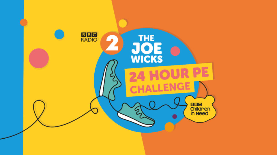 The logo for the Joe Wicks 24 Hour PR Challenge with illustrated running shows and the children in need and radio 2 logos