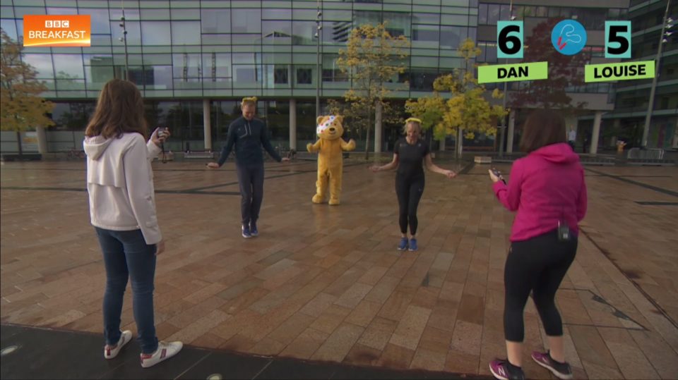 breakfast presenters talking part in an act your age challenge