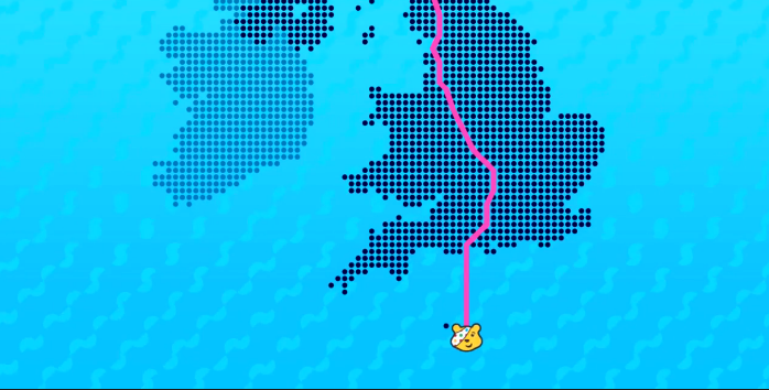 A map with a pink line and a Pudsey head