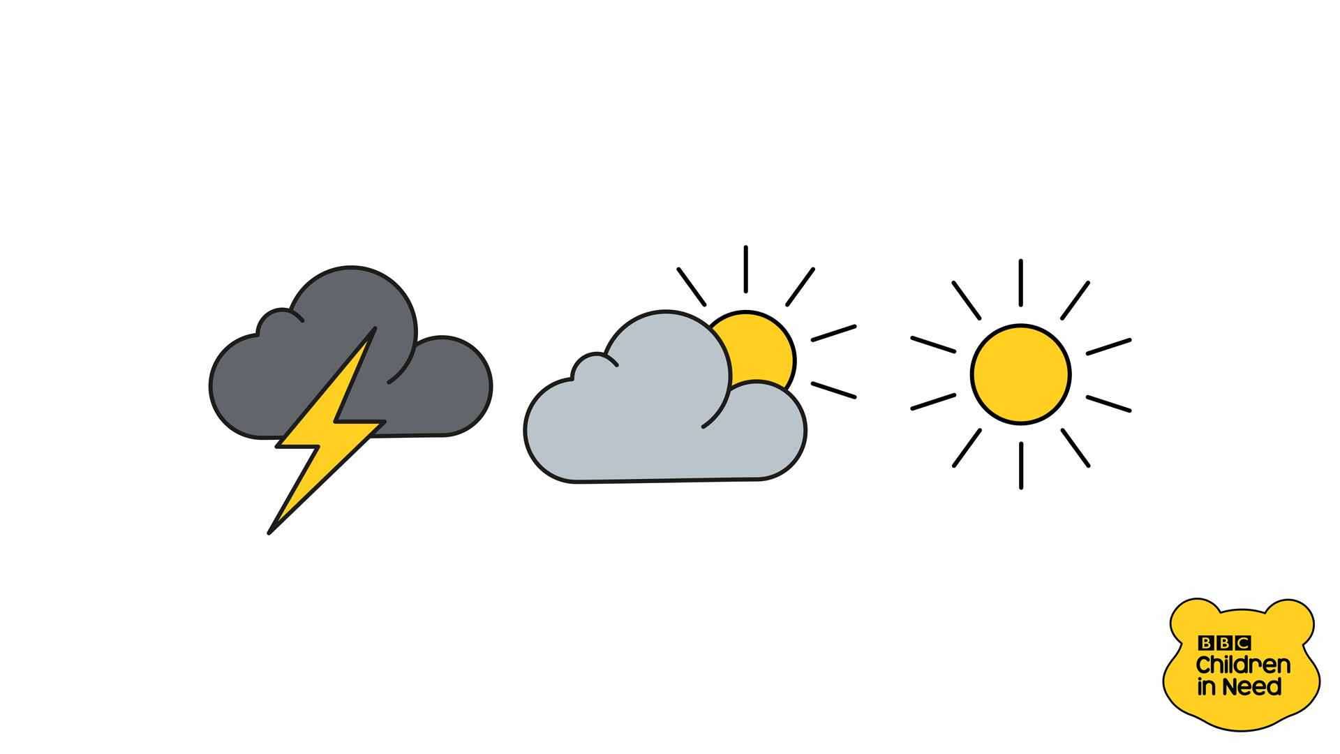Icons showing a raincloud with lightning, a cloud and a sun