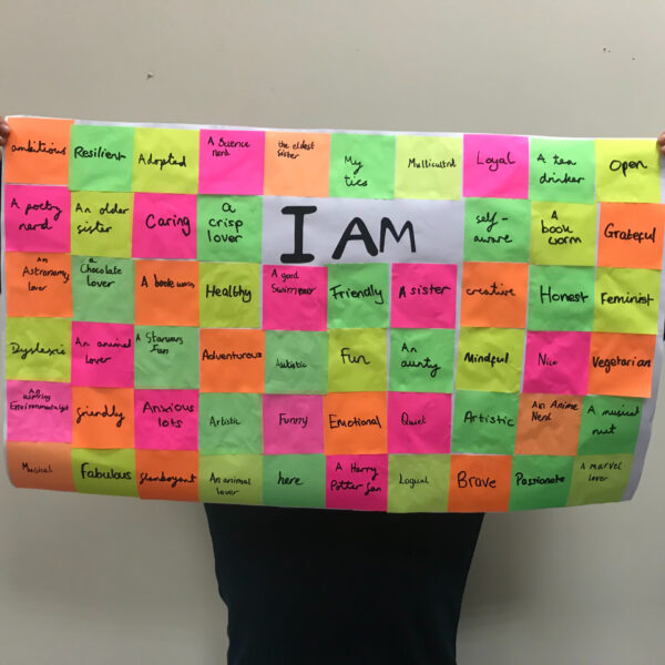 A piece of paper with the words 'I am' in the middle filled with post it notes of various words