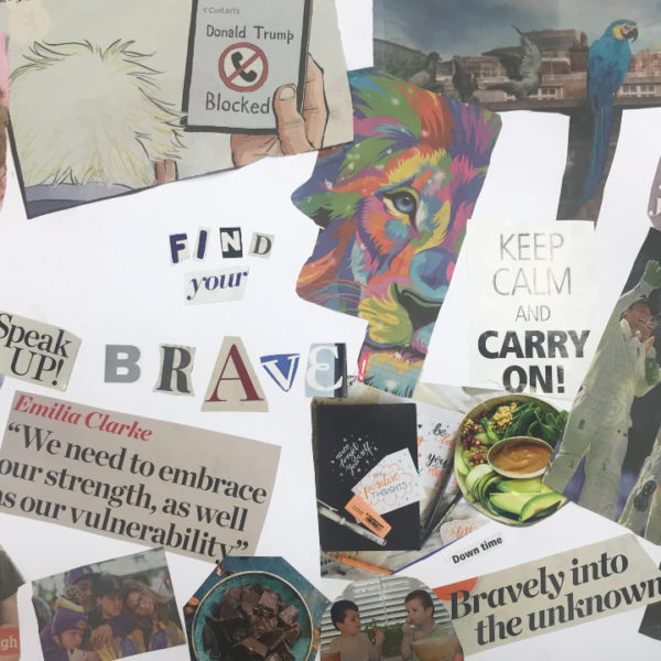 A collage of newspaper images and words relating to courage and bravery