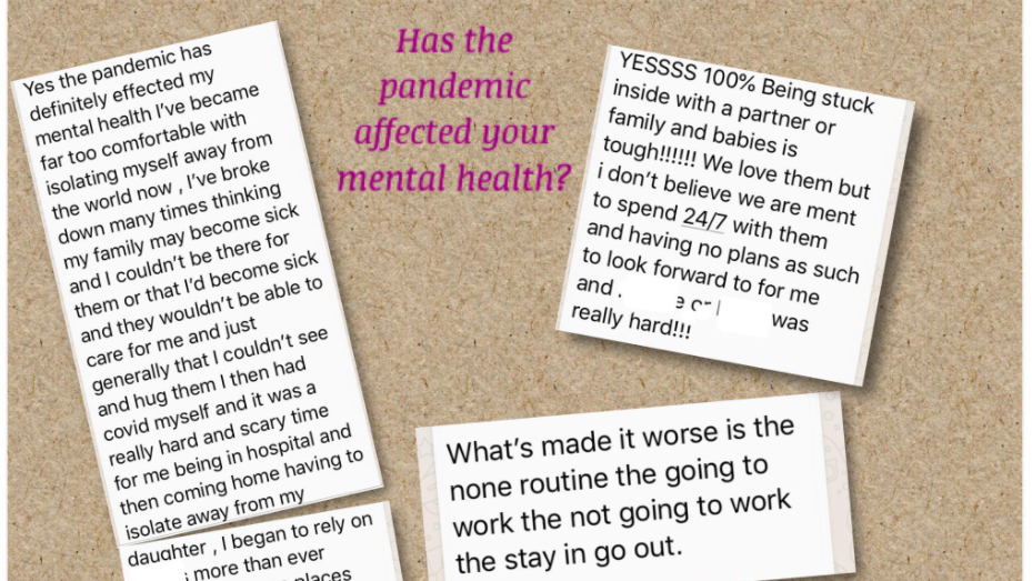a cork board graphic showing that people have provided feedback on how the pandemic has affected their mental health