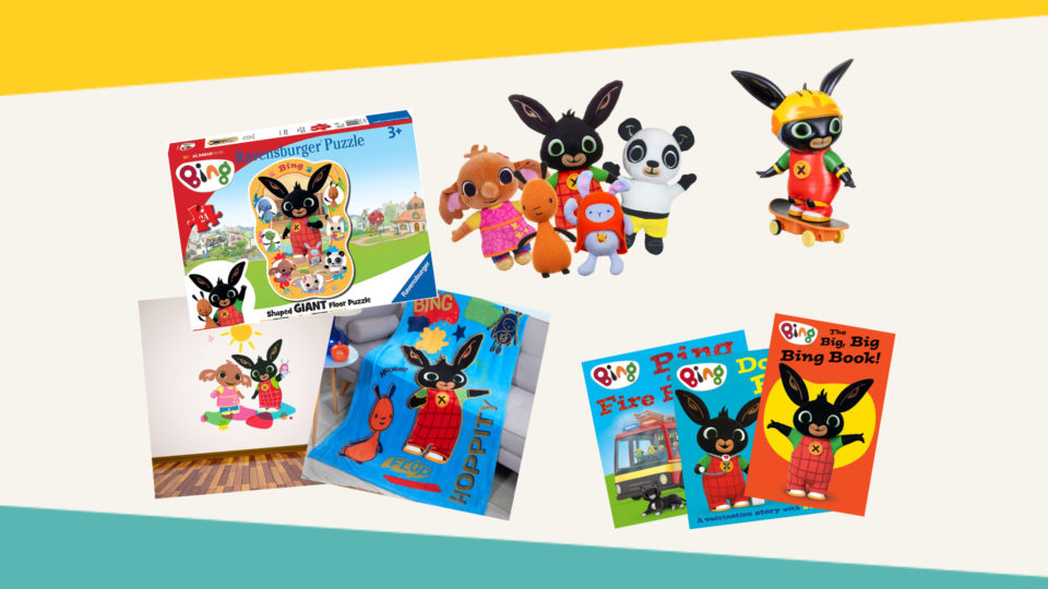 A selection of bing related prizes including books and plush toys