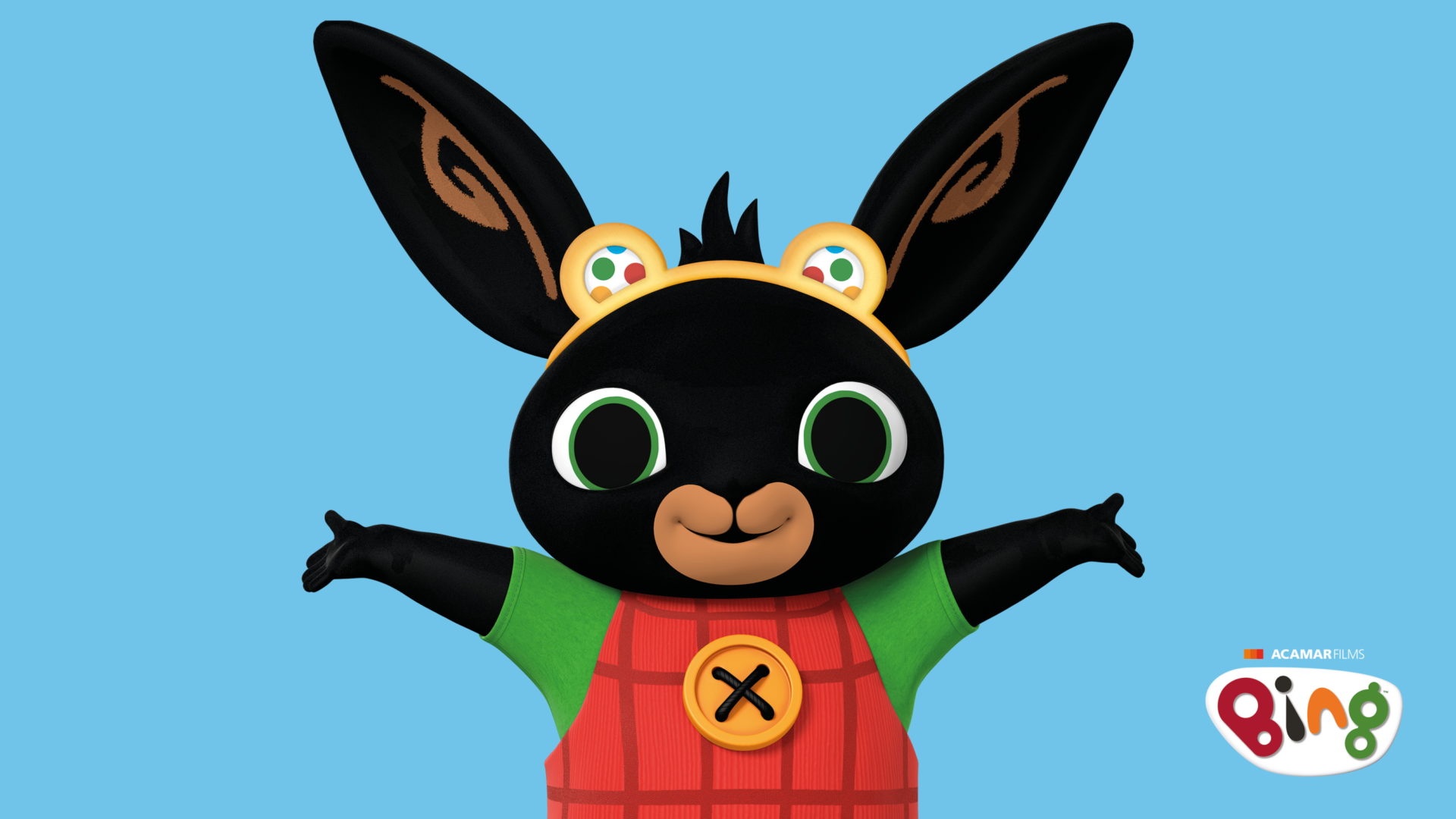 Bin bunny with open arms, wearing Pudsey ears