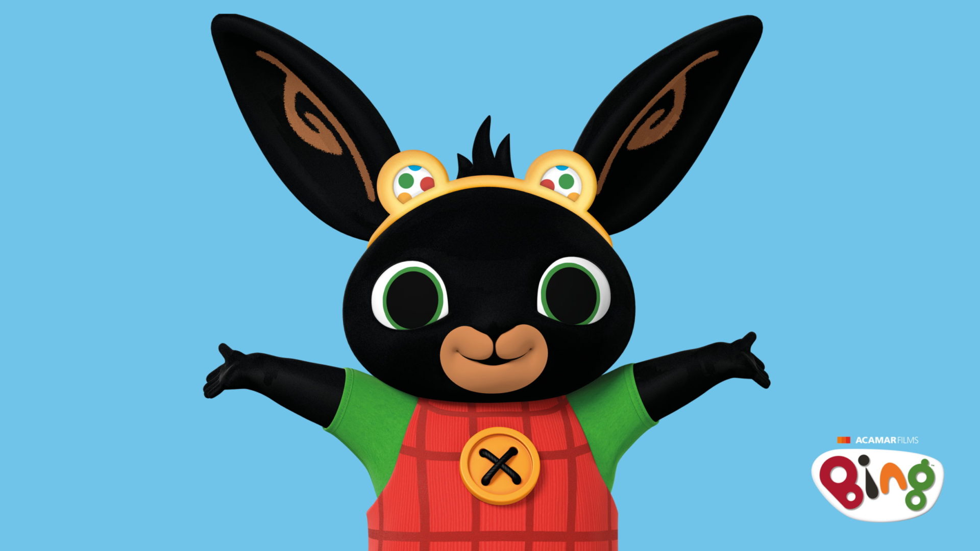 Bin bunny with open arms, wearing Pudsey ears