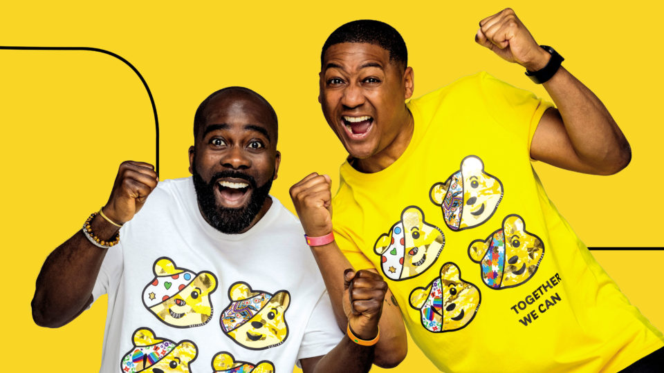 Rickie and Melvin from BBC radio 1 wearing Pudsey shirts