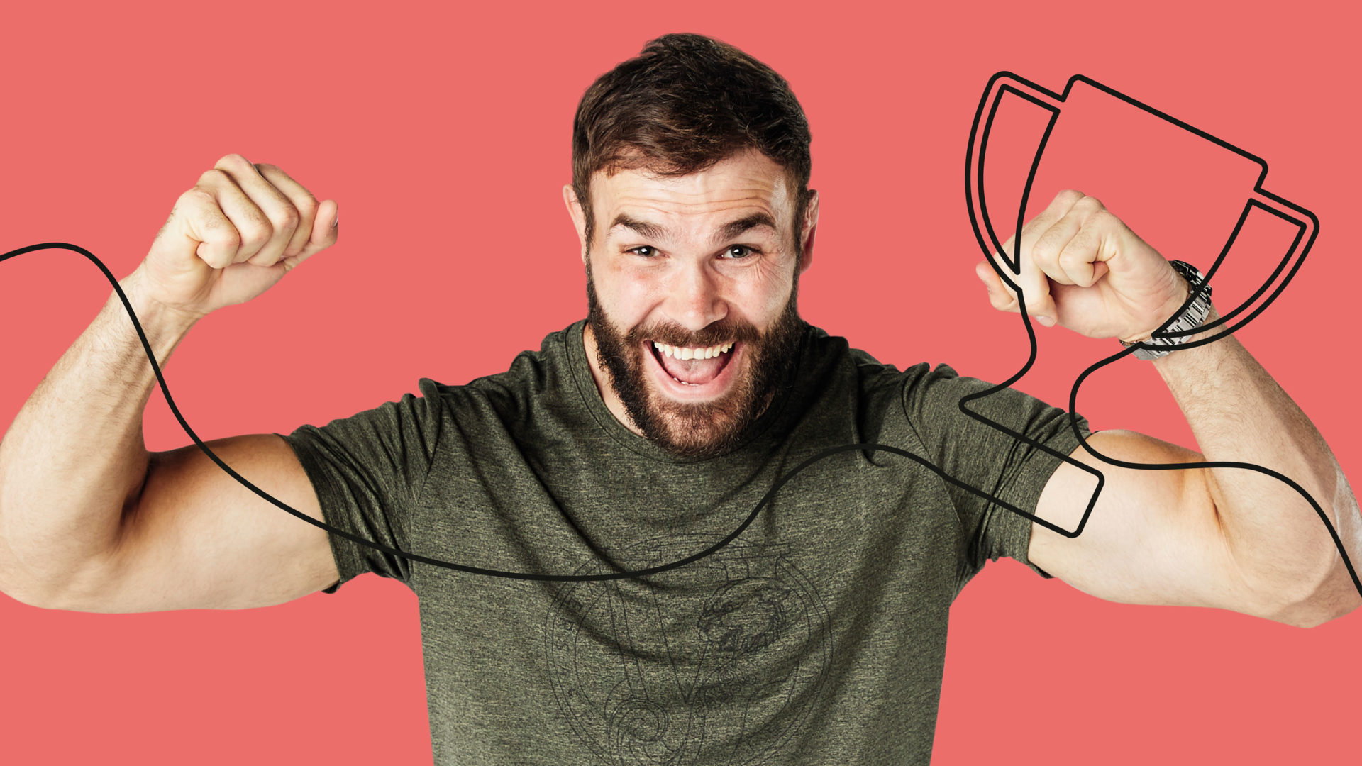 A man pumping his fists in the air beside a trophy graphic