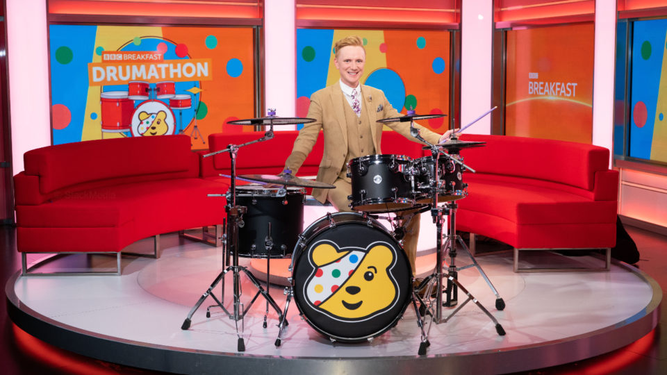 owain sat at the drums in the BBC Breakfast studio