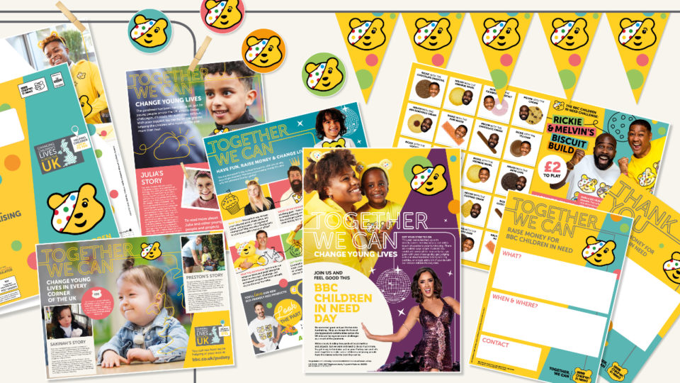 An image showing all the different content you recieve in a fundraising kit including brochures, posters and bunting
