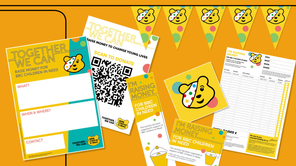 A picture different resources for promoting a fundraising event including bunting and posters