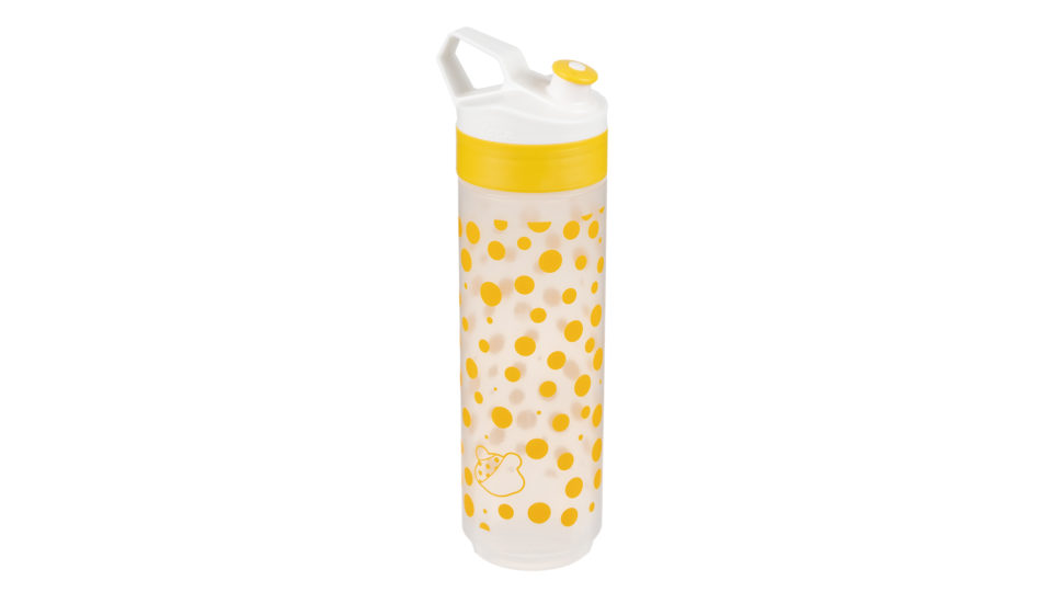 A yellow spotty drink bottle with a sport cap