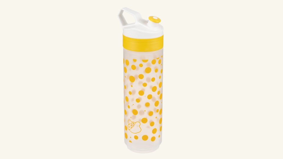 A yellow spotty drink bottle with a sports cap