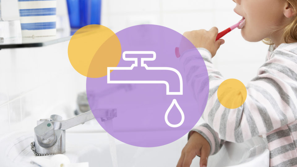 An icon of a water tap in front of a picutre of a child brushing their teeth
