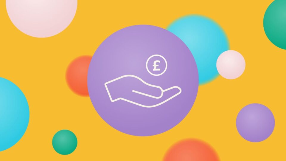 an icon of a hand holding a coin in a purple bubble