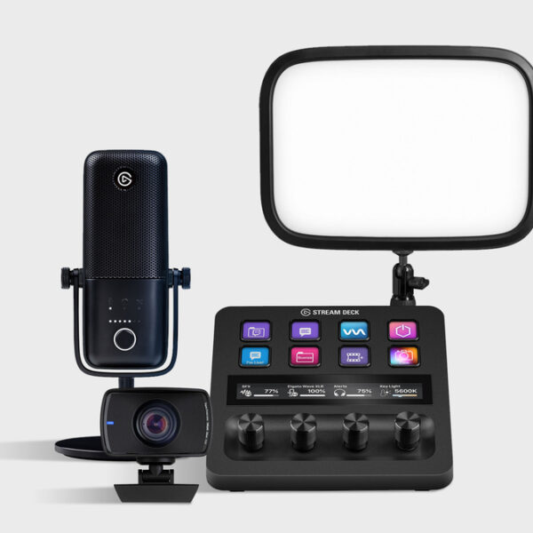 A web cam, microphone, light and Stream Deck