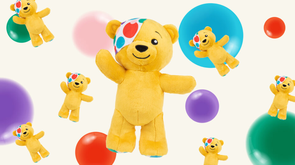 A yellow Pudsey Bear toy plushy