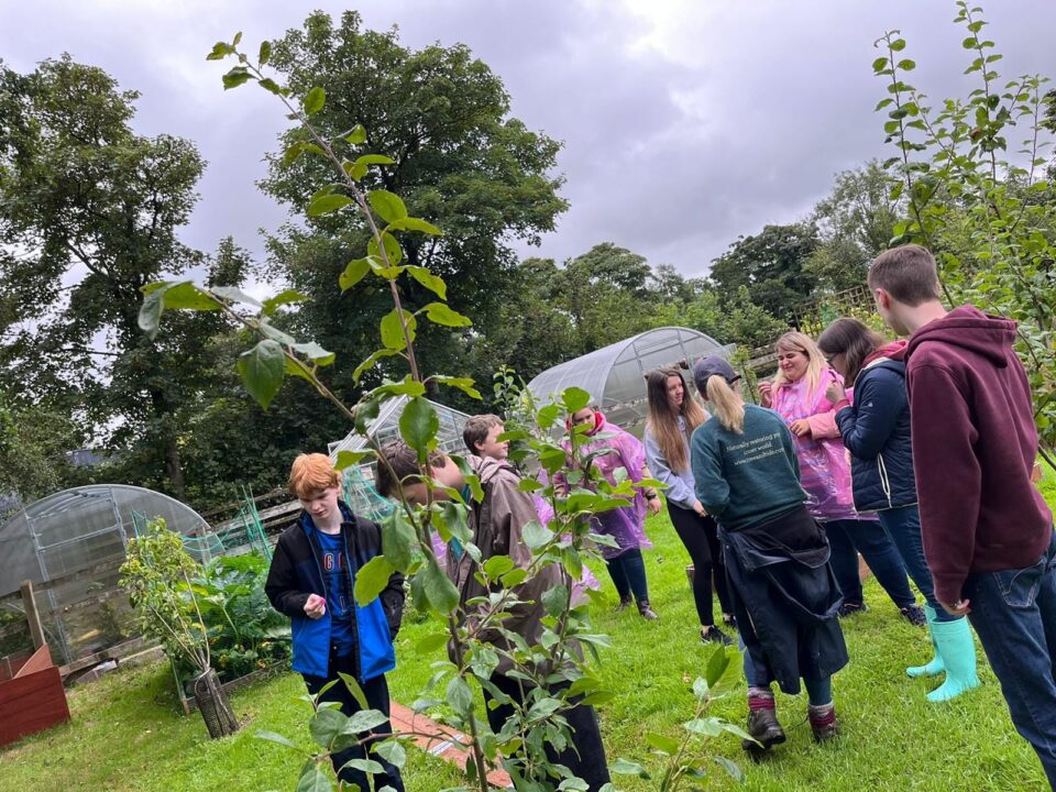 Young people gardening in an orchard