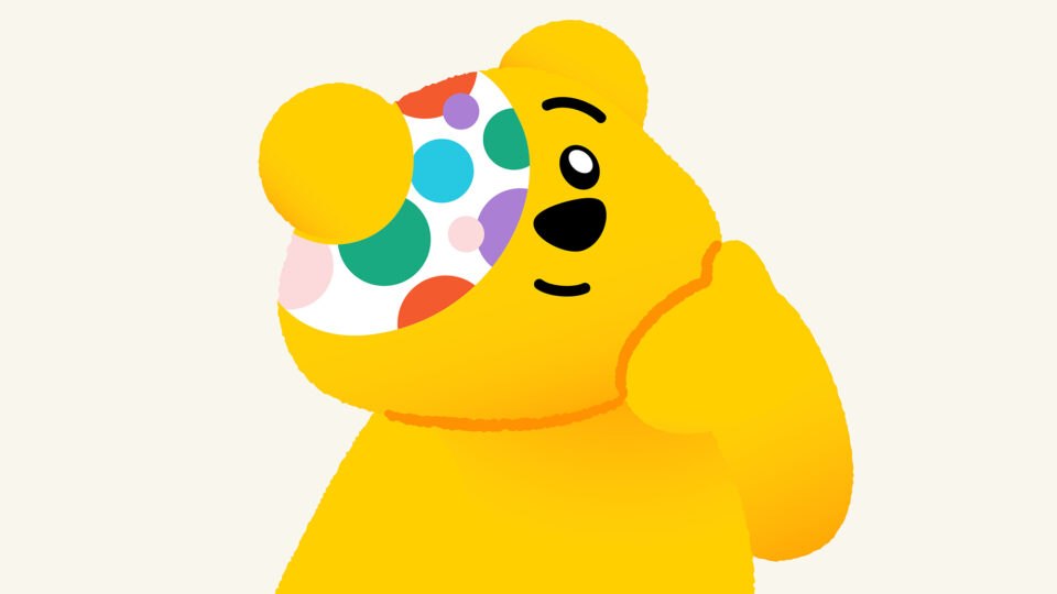 Pudsey looking thoughtful with a hand to his chin