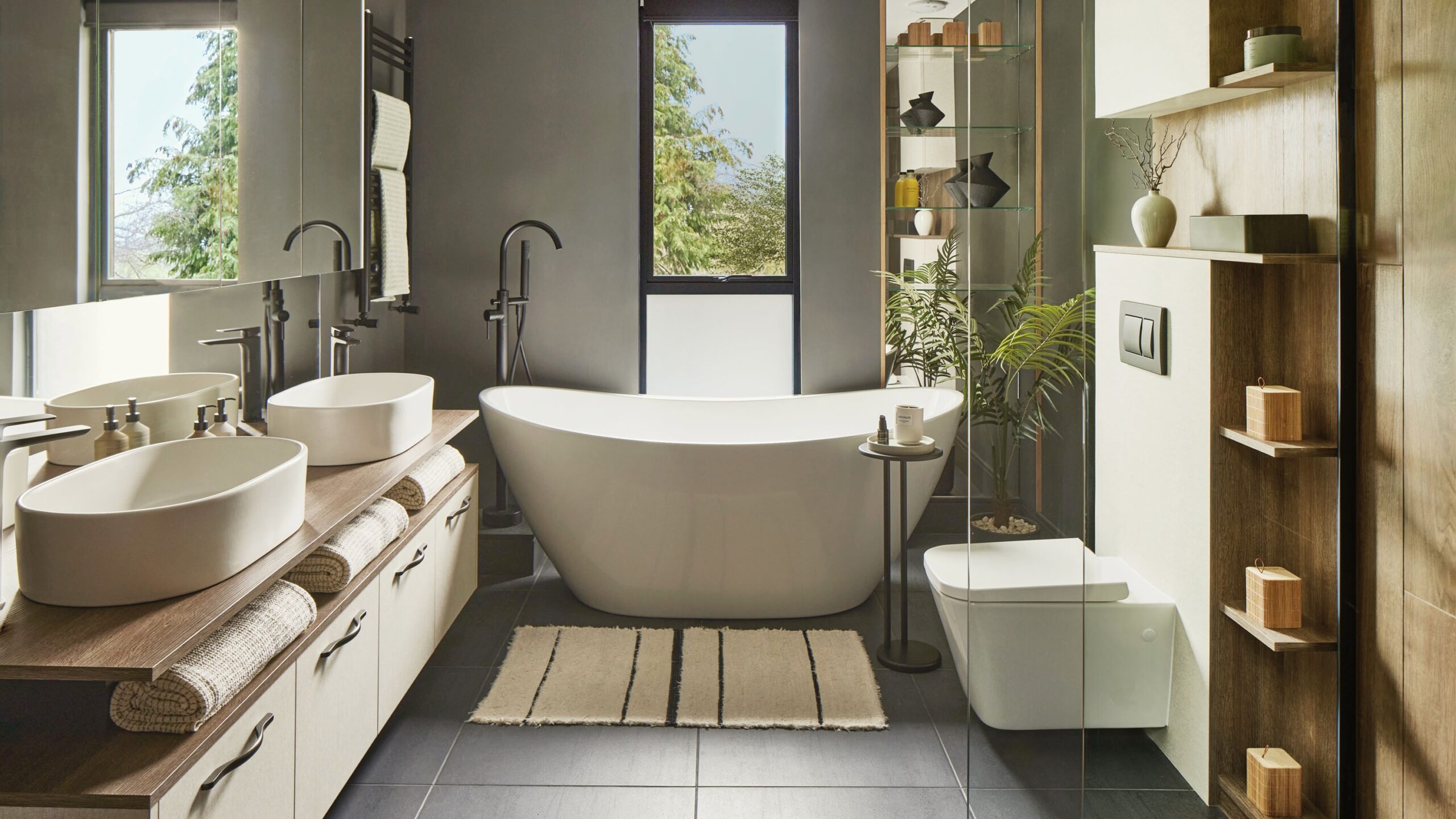 A black and wooden modern house- the bathroom
