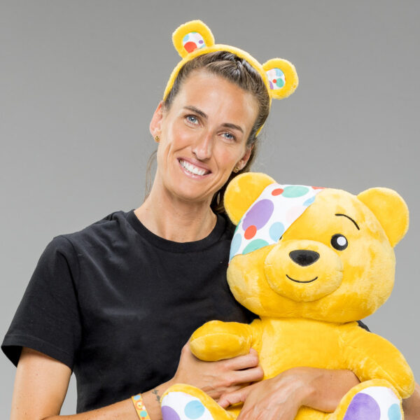 Jill Scott holding a Pudsey Bear