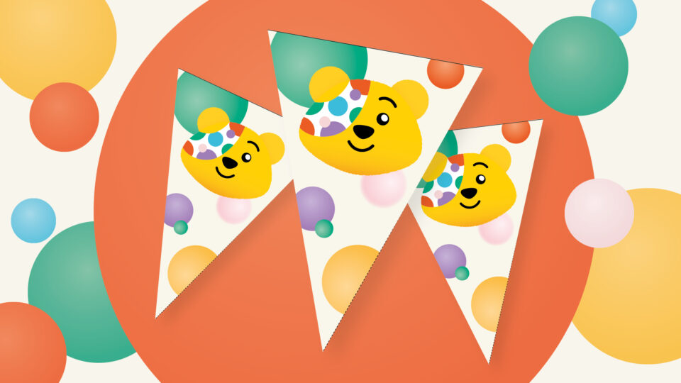 Bunting shaped flags with Pudsey's head on them