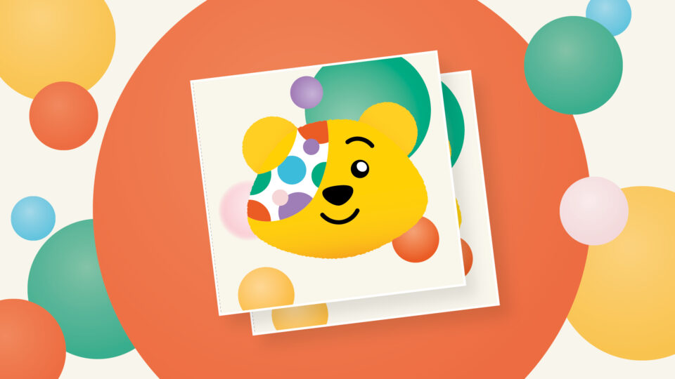 A square flag with a Pudsey Head graphic