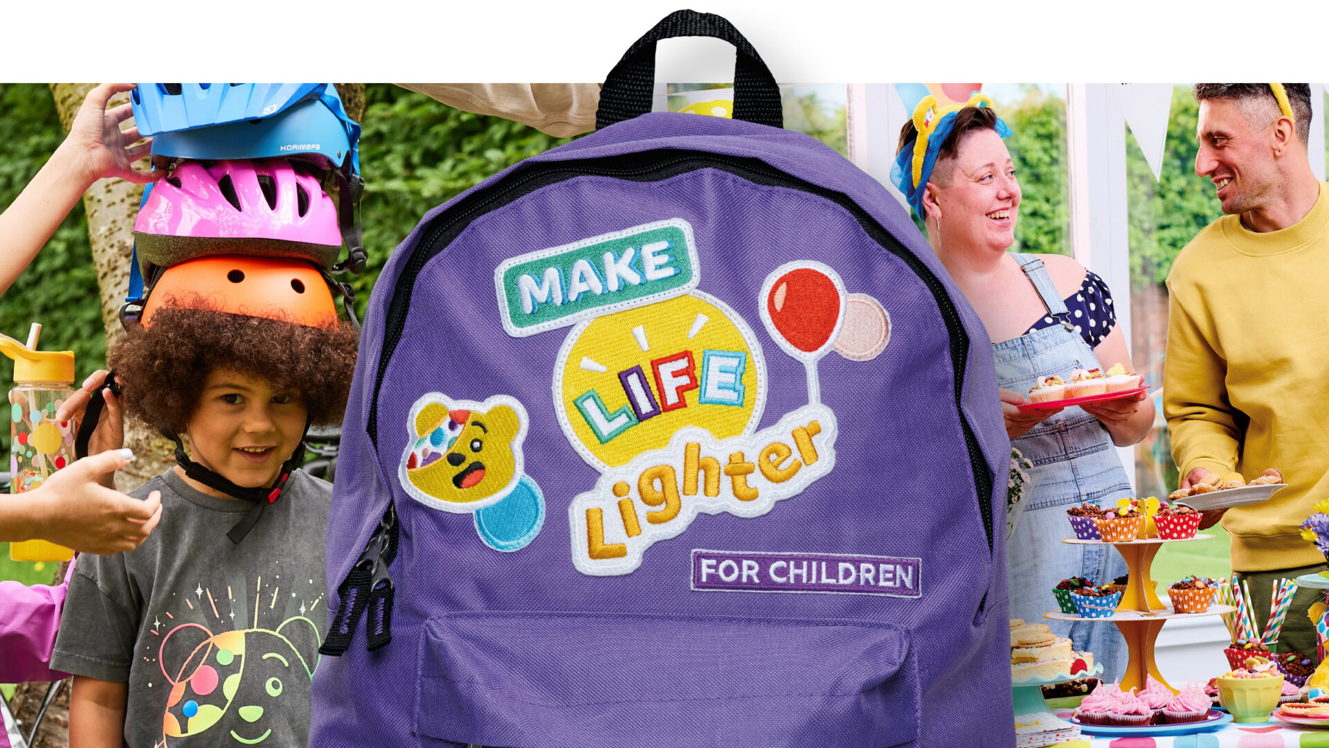 fundraisers surrounding a backpack that states 'make life lighter'