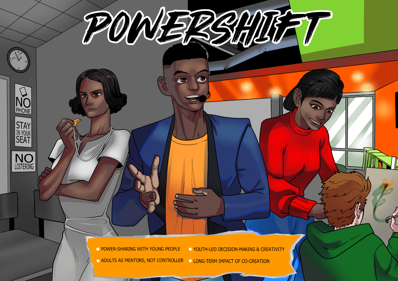 The front of a comic or graphic novel with the title Powershift and three young people