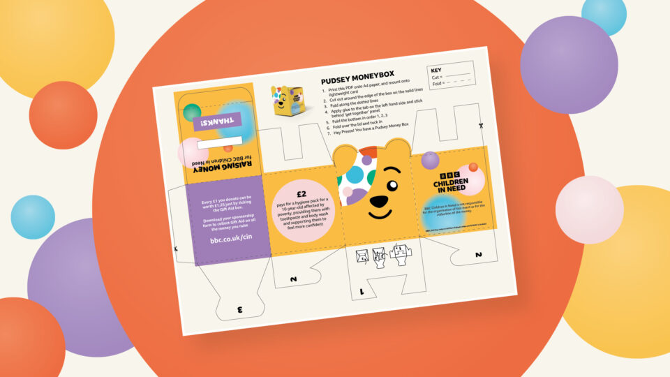 A cut out money box featuring Pudsey's head that can be cut out and assembled