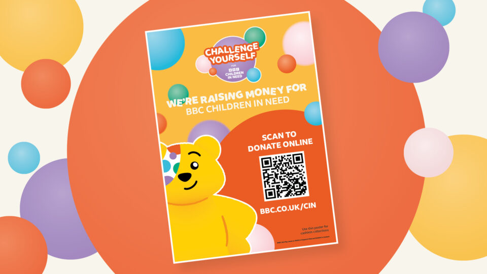 A 'We're Raising Money for BBC Children in Need' poster featuring Pudsey and QR code to scan