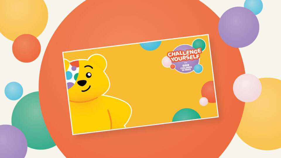 A yellow background for Zoom meeting featuring Pudsey
