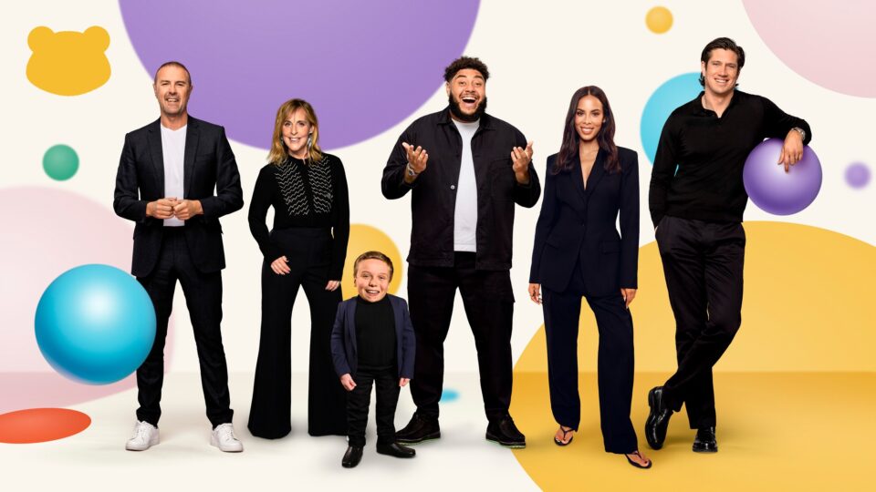 The BBC Children in Need presenters together on a spotty colourful background