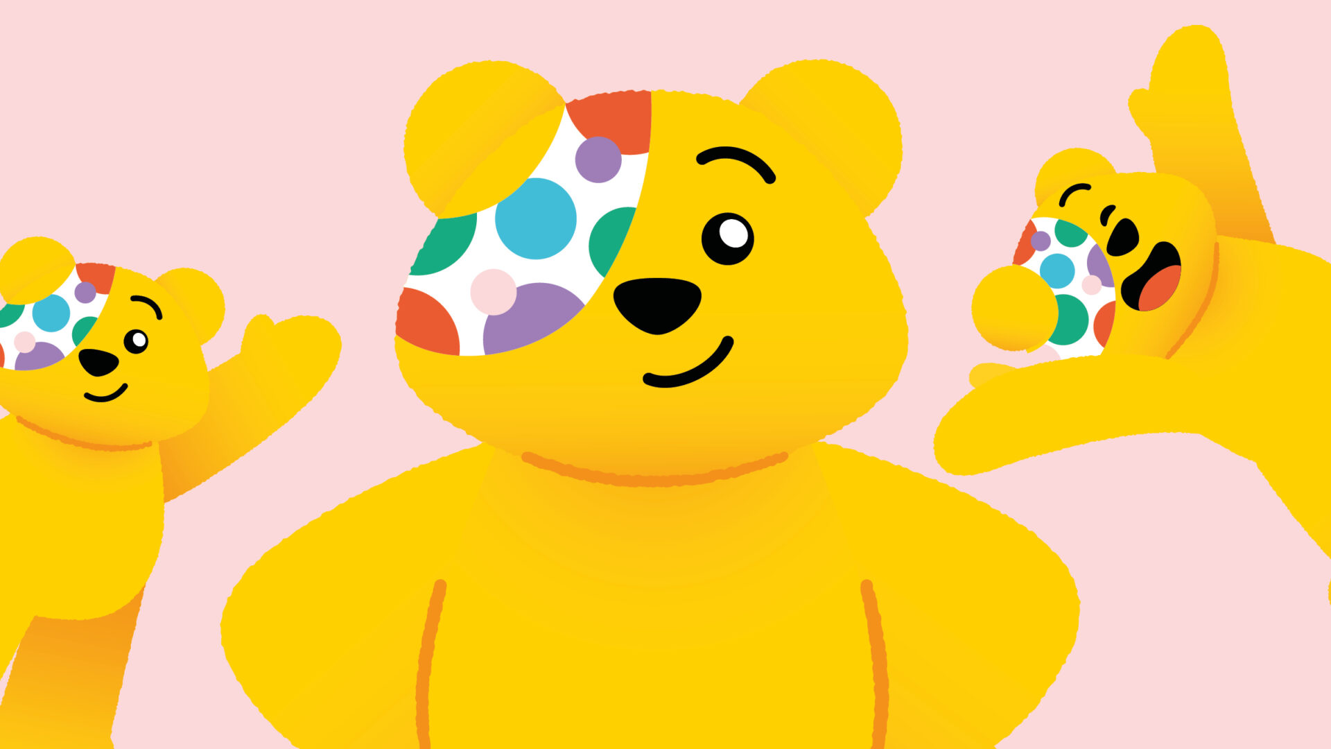 A graphical version of Pudsey bear in different posts, waving, arms in the air and arms by his side