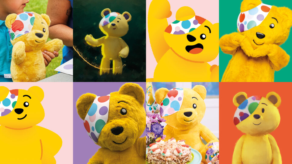 A collage of eight different Pudsey images showing different kinds of Pudsey- plus toys, graphics and a life sized Pudsey