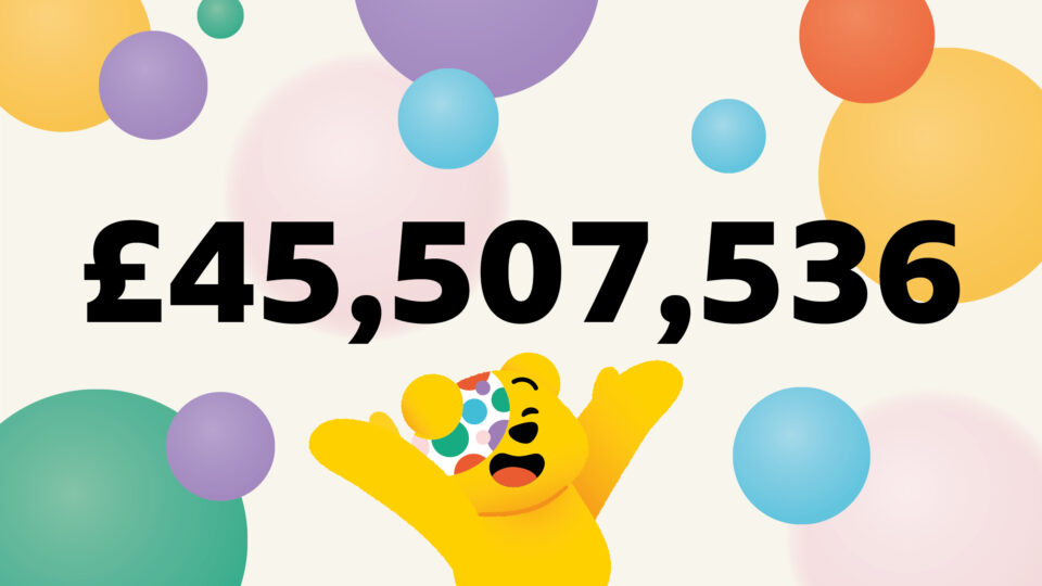 Pudsey jumping for joy below the number £45,507,536