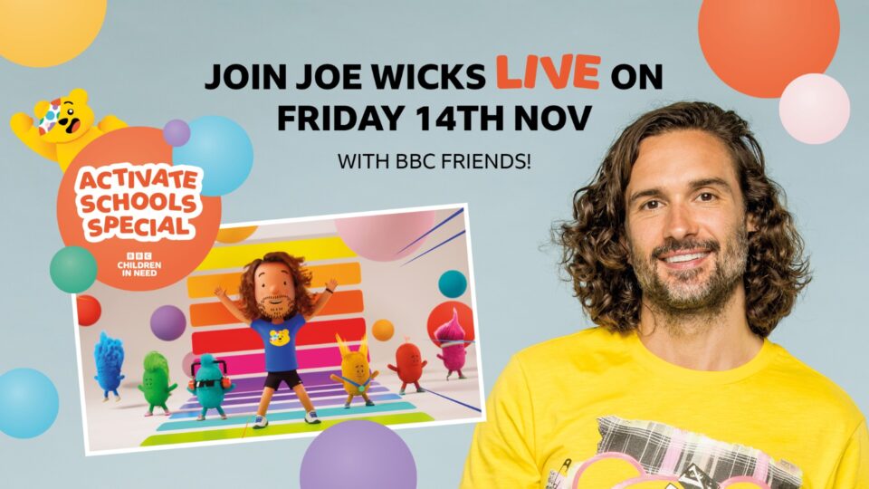 Joe Wicks smiling and the message 'join joe wicks live on Friday 14th Nov with BBC Friends