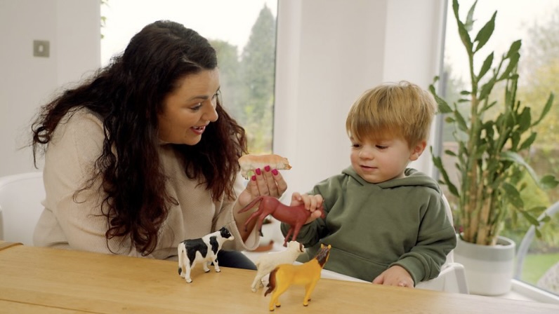 An adult and a young child playing with animal toys
